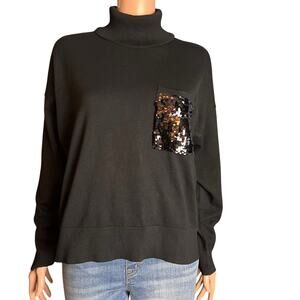 DKNY Black Turtleneck With Sequined Pocket Medium Comfy Glam Quiet Luxury